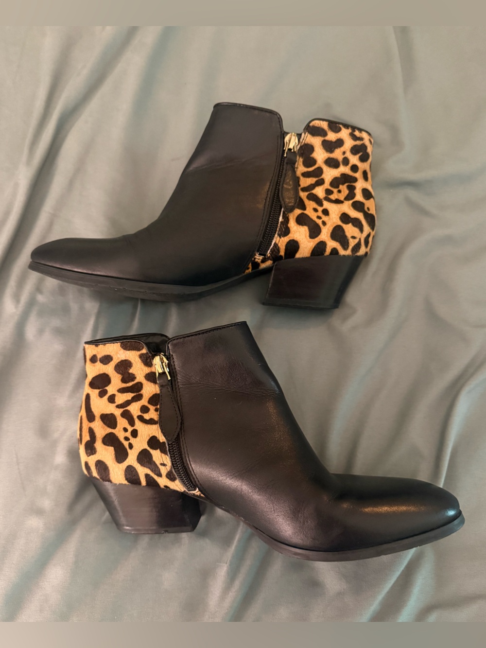 Franco Sarto Quasar Black Leather & Leopard Calf Hair Ankle Booties - Size 8.5M